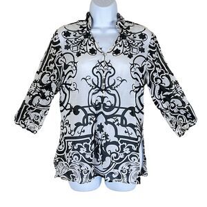 St. Emile Lightweight Popover Top Blouse Blk White Stand Color Silk/Cotton Sz 6